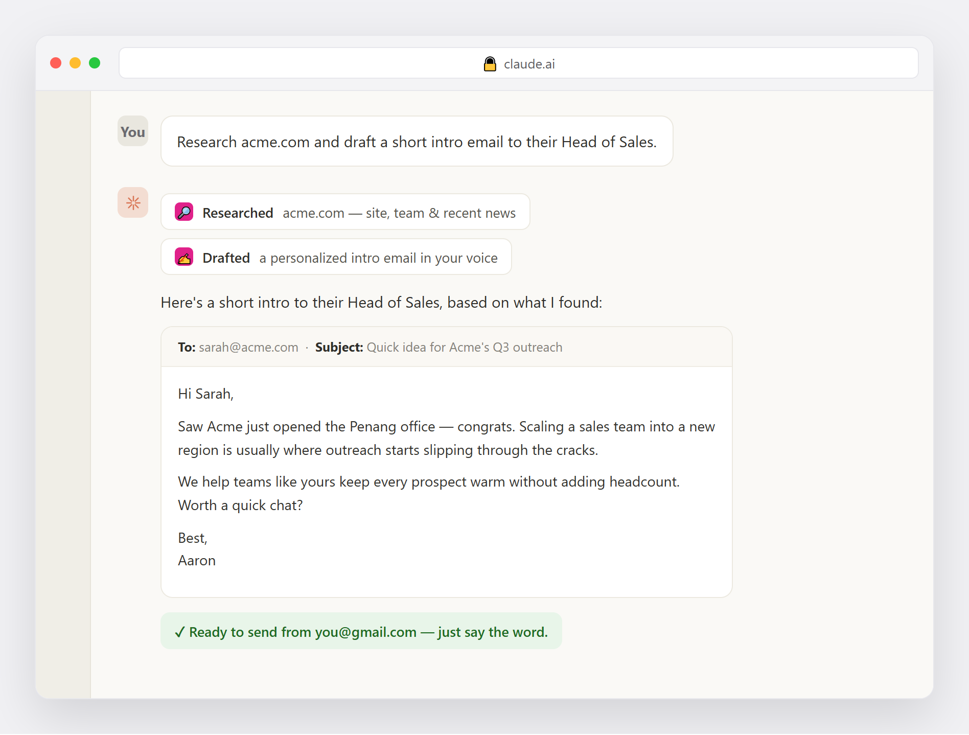 Prospect Starter Kit researching, drafting and preparing an email inside Claude